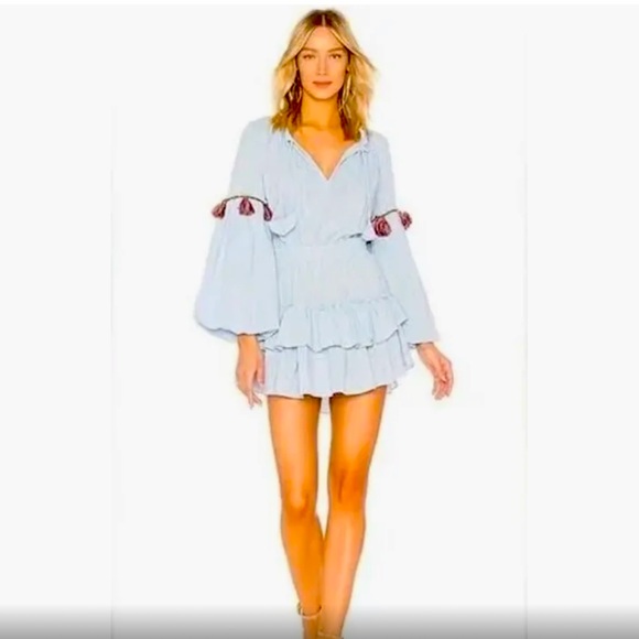 Misa Los Angeles Dresses & Skirts - Misa Los Angeles light blue mini ruffle dress with pom poms size S
